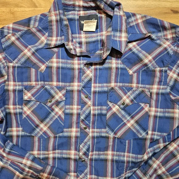 Wrangler Pearl Snap Blue Plaid Medium Western - Picture 2 of 9